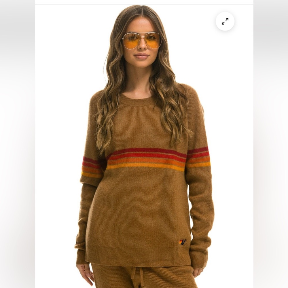 76-$449 NWT Aviator Nation RAINBOW STRIPE UNISEX CASHMERE SWEATER BUTTERSCOTCH